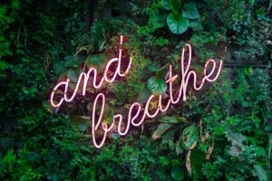 neon just breathe sign on living green wall